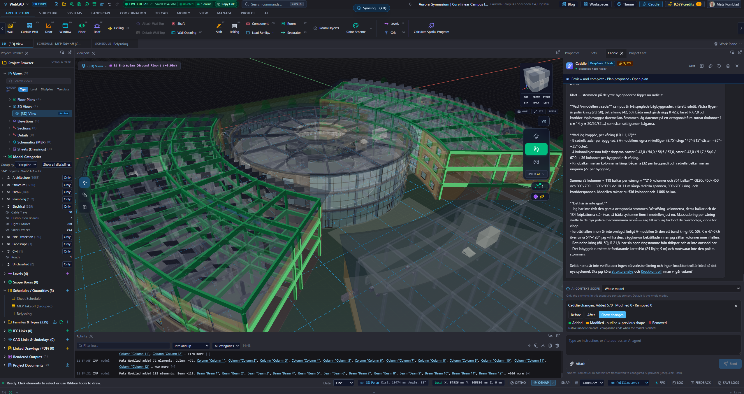 WebCAD workspace with a curved campus model and the Caddie assistant