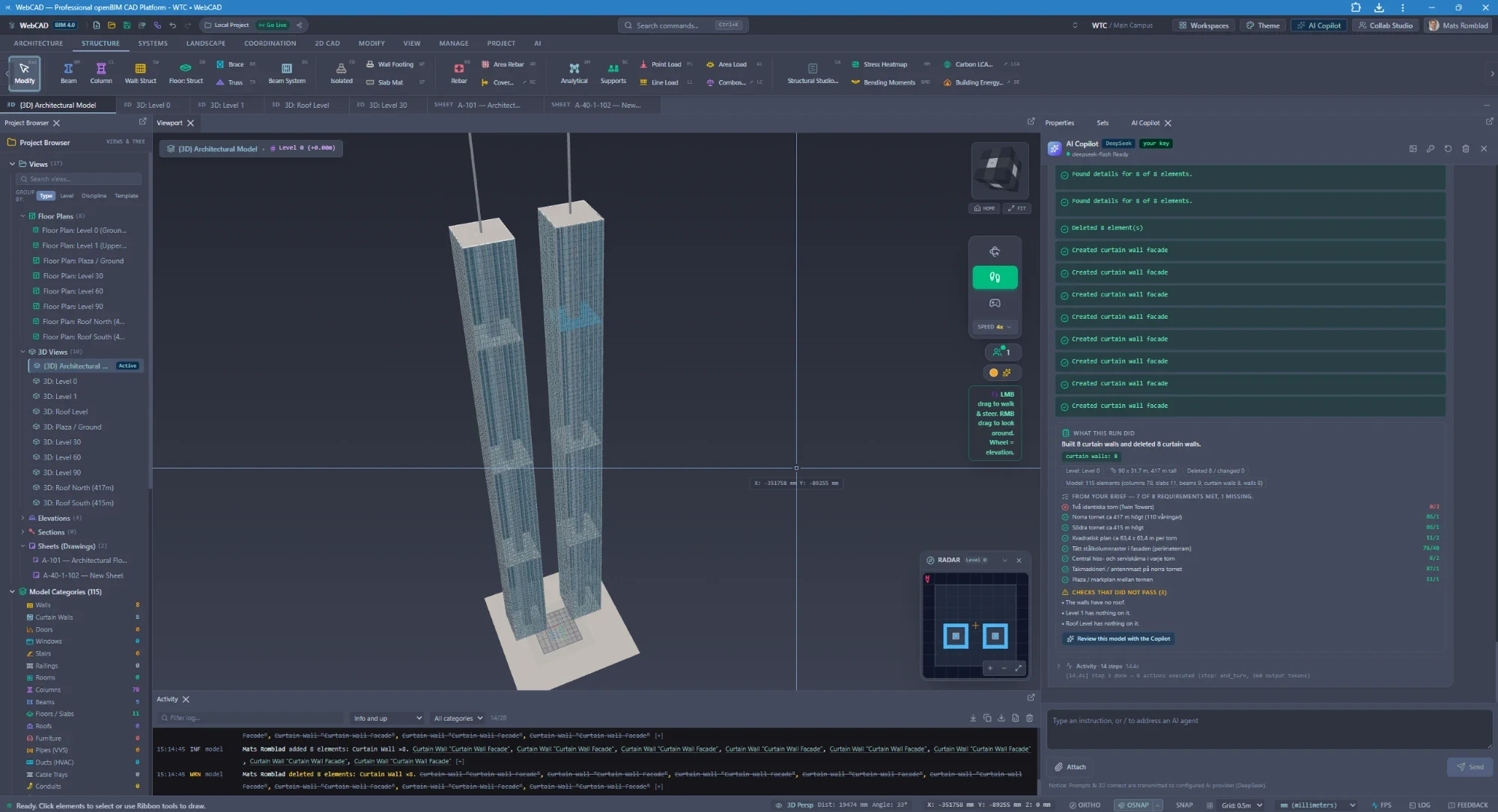 WebCAD workspace showing a BIM model